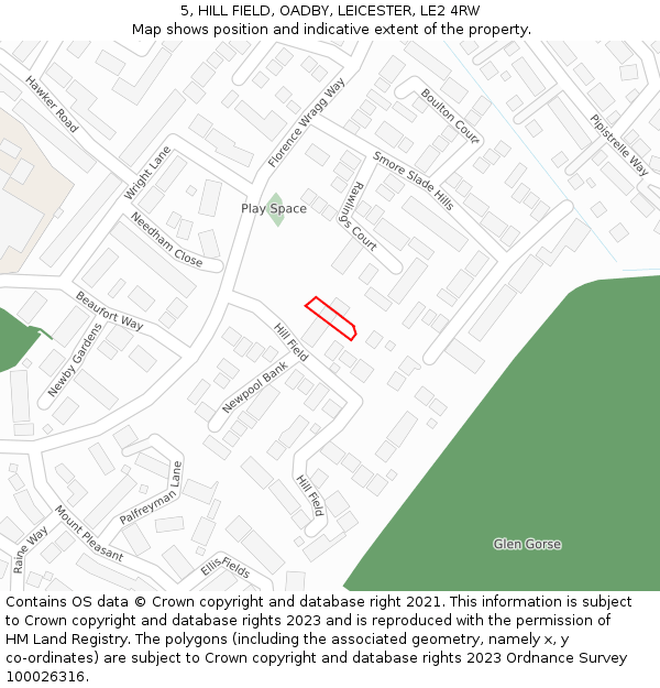 5, HILL FIELD, OADBY, LEICESTER, LE2 4RW: Location map and indicative extent of plot