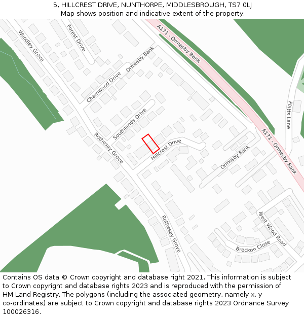 5, HILLCREST DRIVE, NUNTHORPE, MIDDLESBROUGH, TS7 0LJ: Location map and indicative extent of plot