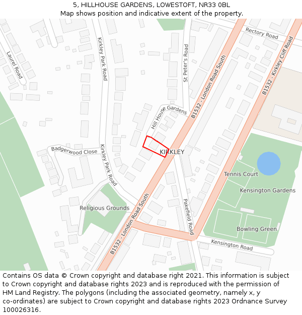 5, HILLHOUSE GARDENS, LOWESTOFT, NR33 0BL: Location map and indicative extent of plot
