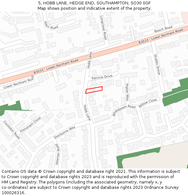 5, HOBB LANE, HEDGE END, SOUTHAMPTON, SO30 0GF: Location map and indicative extent of plot