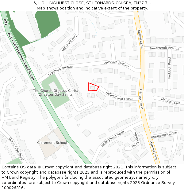 5, HOLLINGHURST CLOSE, ST LEONARDS-ON-SEA, TN37 7JU: Location map and indicative extent of plot