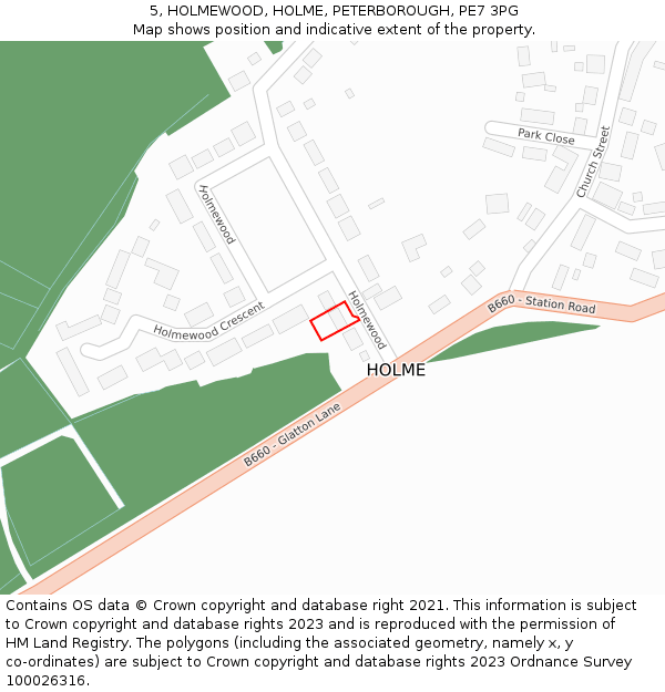 5, HOLMEWOOD, HOLME, PETERBOROUGH, PE7 3PG: Location map and indicative extent of plot