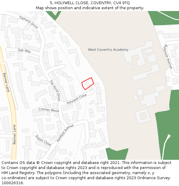 5, HOLYWELL CLOSE, COVENTRY, CV4 9TQ: Location map and indicative extent of plot
