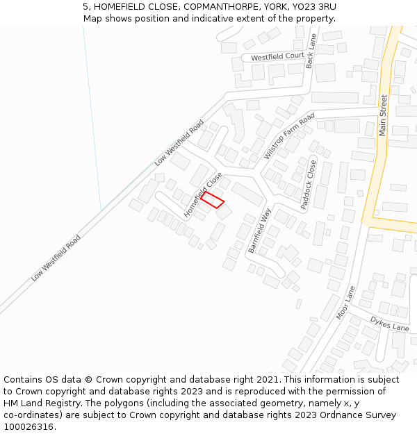 5, HOMEFIELD CLOSE, COPMANTHORPE, YORK, YO23 3RU: Location map and indicative extent of plot