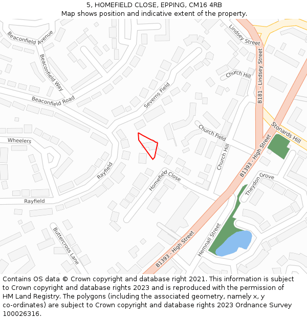 5, HOMEFIELD CLOSE, EPPING, CM16 4RB: Location map and indicative extent of plot