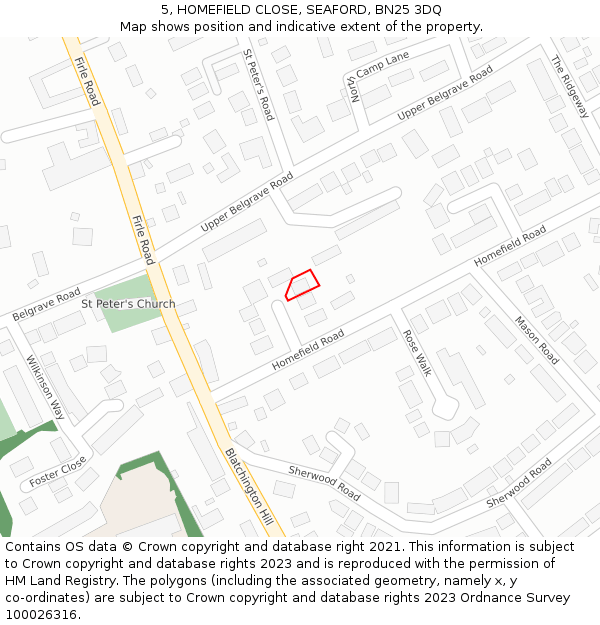 5, HOMEFIELD CLOSE, SEAFORD, BN25 3DQ: Location map and indicative extent of plot