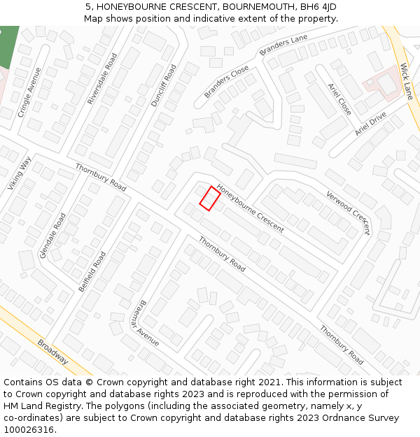 5, HONEYBOURNE CRESCENT, BOURNEMOUTH, BH6 4JD: Location map and indicative extent of plot