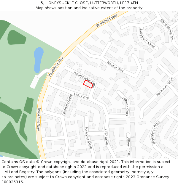 5, HONEYSUCKLE CLOSE, LUTTERWORTH, LE17 4FN: Location map and indicative extent of plot