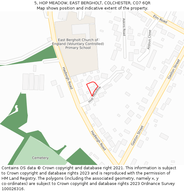 5, HOP MEADOW, EAST BERGHOLT, COLCHESTER, CO7 6QR: Location map and indicative extent of plot