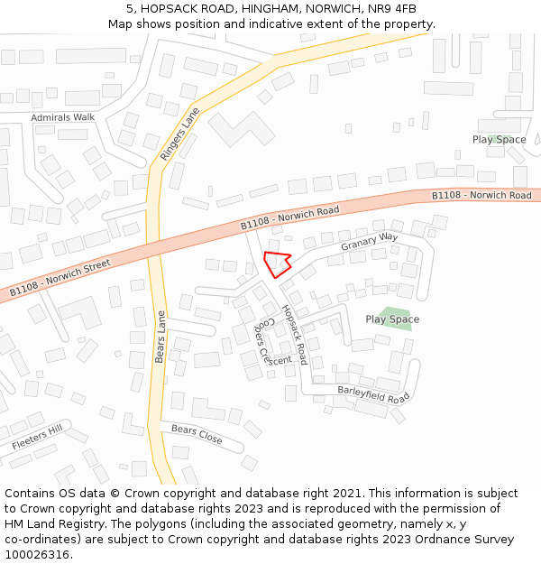 5, HOPSACK ROAD, HINGHAM, NORWICH, NR9 4FB: Location map and indicative extent of plot
