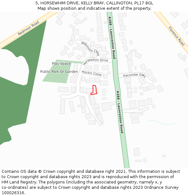 5, HORSEWHIM DRIVE, KELLY BRAY, CALLINGTON, PL17 8GL: Location map and indicative extent of plot
