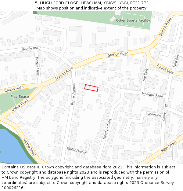 5, HUGH FORD CLOSE, HEACHAM, KING'S LYNN, PE31 7BF: Location map and indicative extent of plot