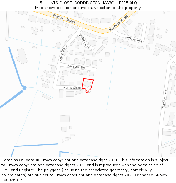 5, HUNTS CLOSE, DODDINGTON, MARCH, PE15 0LQ: Location map and indicative extent of plot