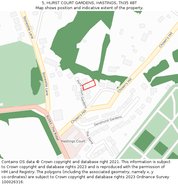 5, HURST COURT GARDENS, HASTINGS, TN35 4BT: Location map and indicative extent of plot
