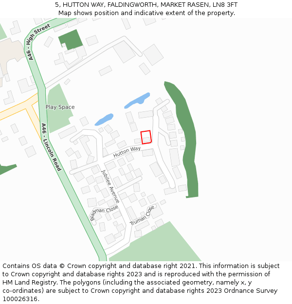 5, HUTTON WAY, FALDINGWORTH, MARKET RASEN, LN8 3FT: Location map and indicative extent of plot