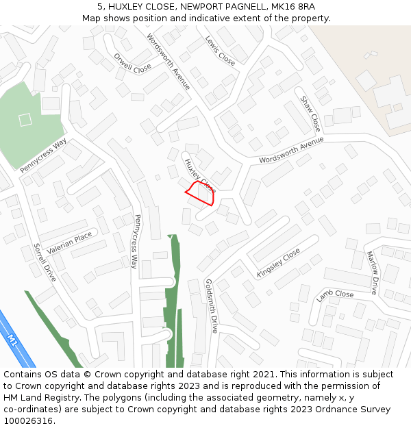 5, HUXLEY CLOSE, NEWPORT PAGNELL, MK16 8RA: Location map and indicative extent of plot