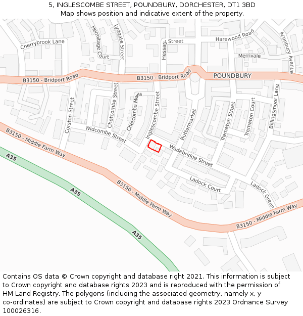 5, INGLESCOMBE STREET, POUNDBURY, DORCHESTER, DT1 3BD: Location map and indicative extent of plot