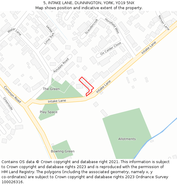 5, INTAKE LANE, DUNNINGTON, YORK, YO19 5NX: Location map and indicative extent of plot