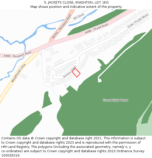 5, JACKETS CLOSE, KNIGHTON, LD7 1EG: Location map and indicative extent of plot