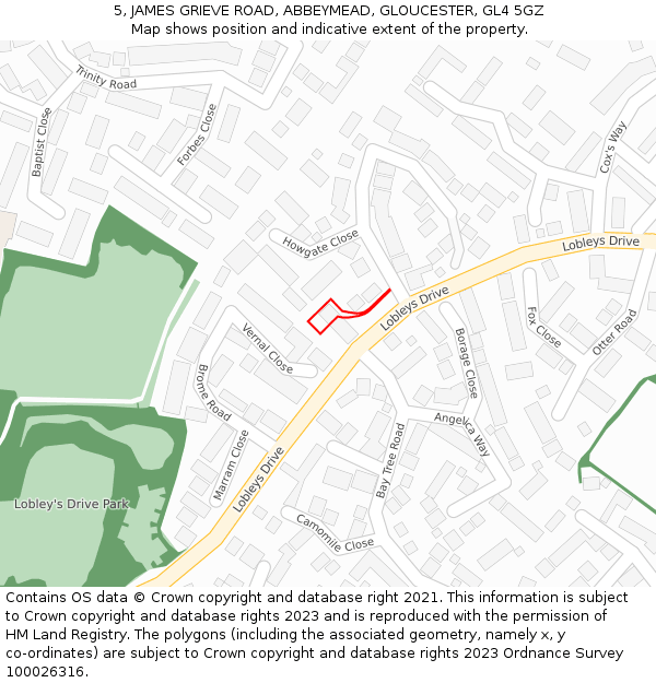 5, JAMES GRIEVE ROAD, ABBEYMEAD, GLOUCESTER, GL4 5GZ: Location map and indicative extent of plot