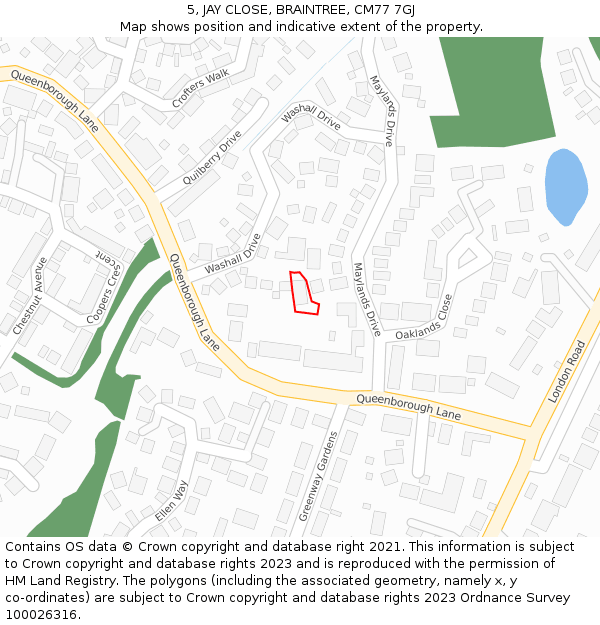5, JAY CLOSE, BRAINTREE, CM77 7GJ: Location map and indicative extent of plot