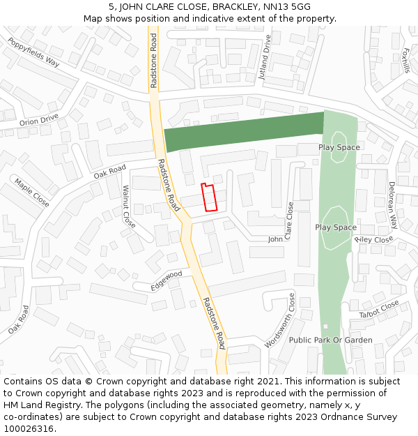 5, JOHN CLARE CLOSE, BRACKLEY, NN13 5GG: Location map and indicative extent of plot