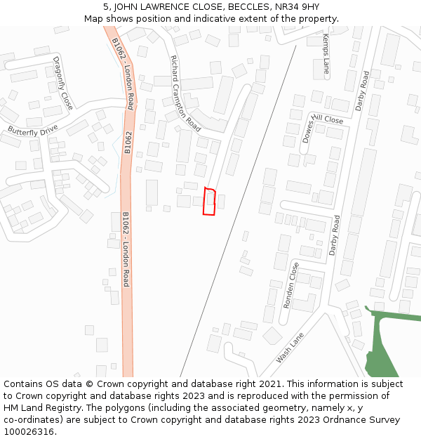 5, JOHN LAWRENCE CLOSE, BECCLES, NR34 9HY: Location map and indicative extent of plot