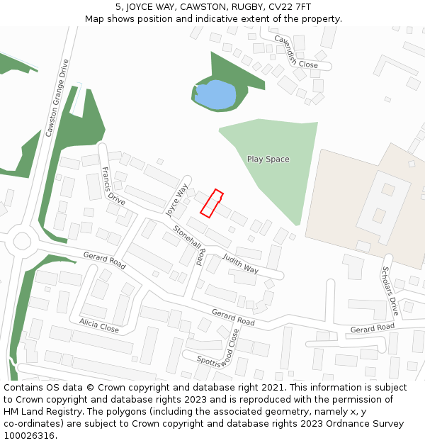 5, JOYCE WAY, CAWSTON, RUGBY, CV22 7FT: Location map and indicative extent of plot