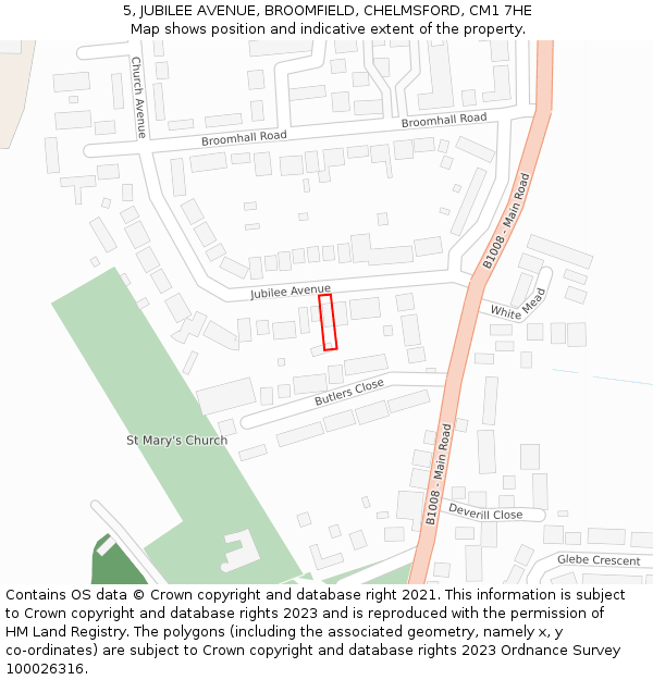 5, JUBILEE AVENUE, BROOMFIELD, CHELMSFORD, CM1 7HE: Location map and indicative extent of plot