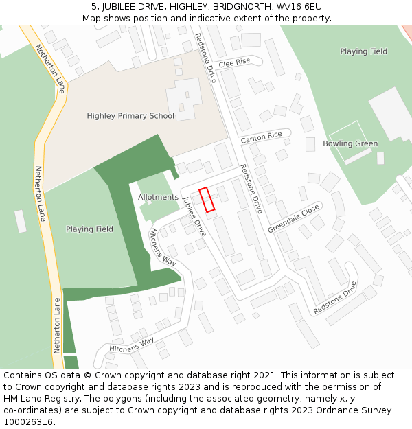 5, JUBILEE DRIVE, HIGHLEY, BRIDGNORTH, WV16 6EU: Location map and indicative extent of plot
