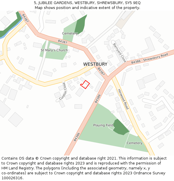 5, JUBILEE GARDENS, WESTBURY, SHREWSBURY, SY5 9EQ: Location map and indicative extent of plot