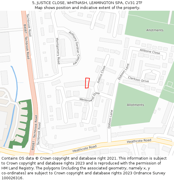 5, JUSTICE CLOSE, WHITNASH, LEAMINGTON SPA, CV31 2TF: Location map and indicative extent of plot
