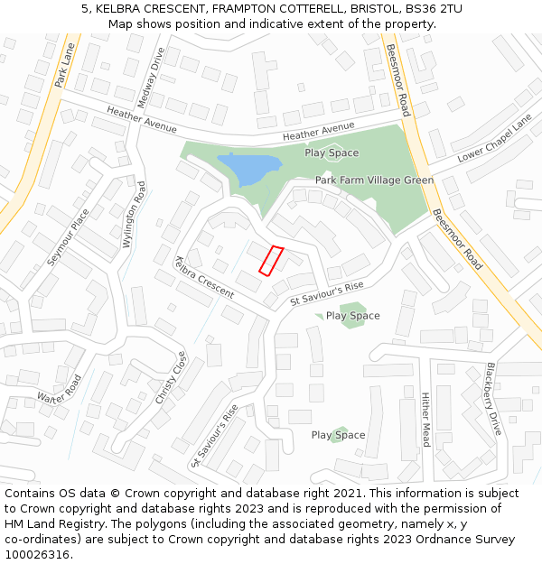 5, KELBRA CRESCENT, FRAMPTON COTTERELL, BRISTOL, BS36 2TU: Location map and indicative extent of plot