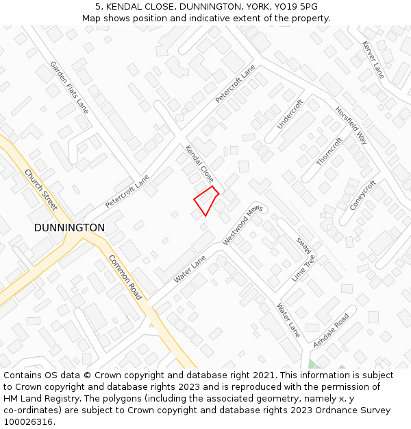 5, KENDAL CLOSE, DUNNINGTON, YORK, YO19 5PG: Location map and indicative extent of plot