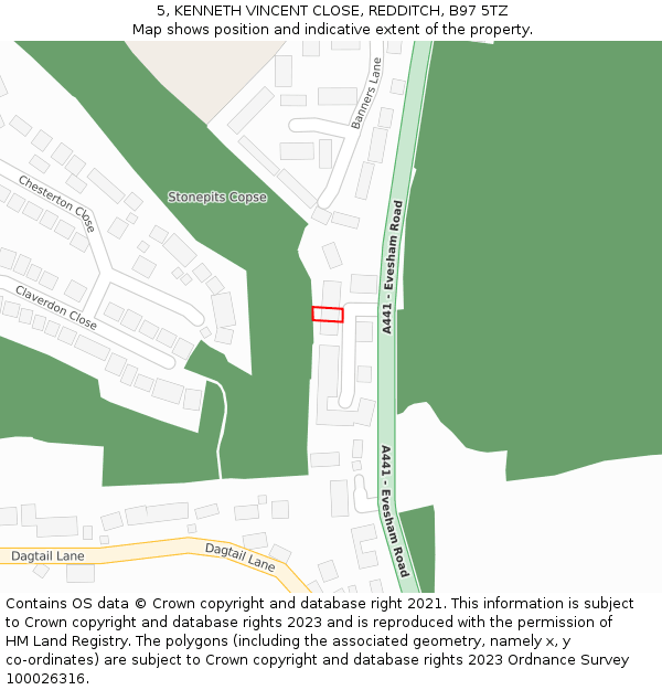 5, KENNETH VINCENT CLOSE, REDDITCH, B97 5TZ: Location map and indicative extent of plot