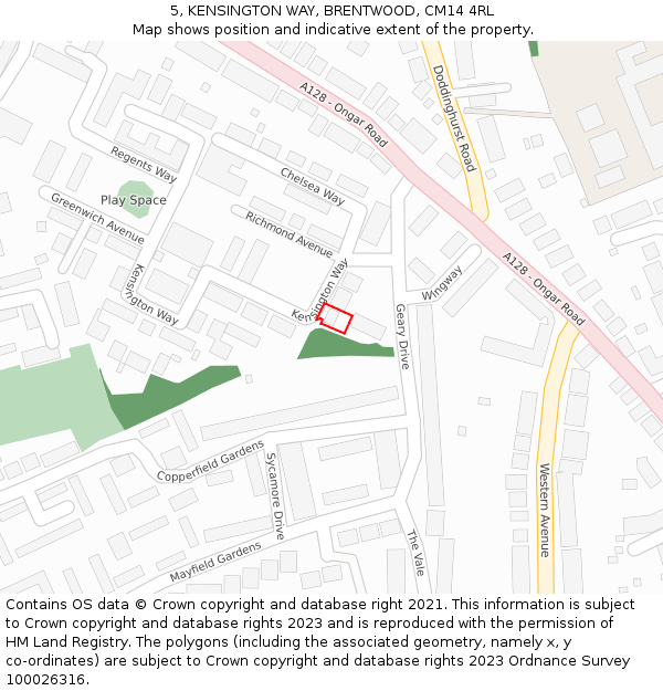 5, KENSINGTON WAY, BRENTWOOD, CM14 4RL: Location map and indicative extent of plot