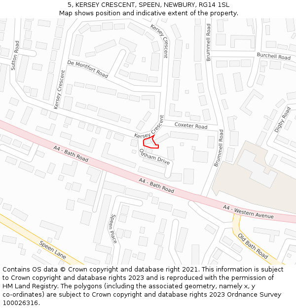 5, KERSEY CRESCENT, SPEEN, NEWBURY, RG14 1SL: Location map and indicative extent of plot