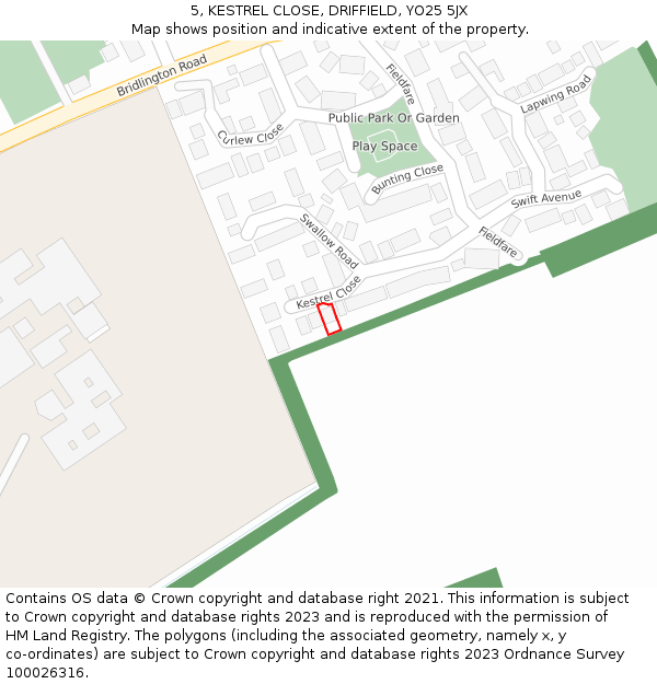 5, KESTREL CLOSE, DRIFFIELD, YO25 5JX: Location map and indicative extent of plot