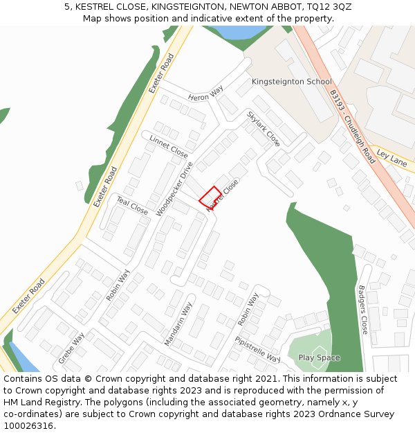 5, KESTREL CLOSE, KINGSTEIGNTON, NEWTON ABBOT, TQ12 3QZ: Location map and indicative extent of plot