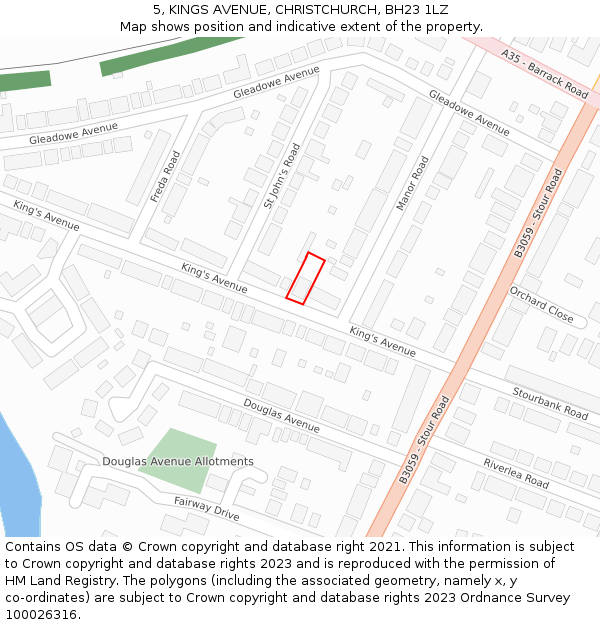 5, KINGS AVENUE, CHRISTCHURCH, BH23 1LZ: Location map and indicative extent of plot