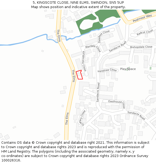 5, KINGSCOTE CLOSE, NINE ELMS, SWINDON, SN5 5UP: Location map and indicative extent of plot