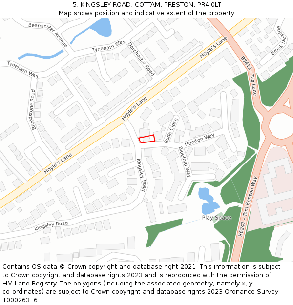 5, KINGSLEY ROAD, COTTAM, PRESTON, PR4 0LT: Location map and indicative extent of plot