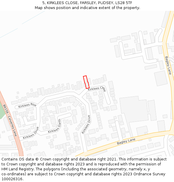 5, KIRKLEES CLOSE, FARSLEY, PUDSEY, LS28 5TF: Location map and indicative extent of plot