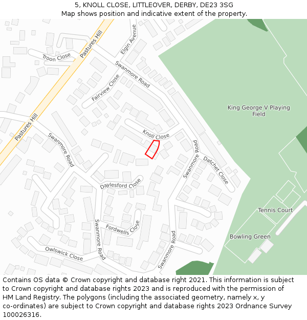 5, KNOLL CLOSE, LITTLEOVER, DERBY, DE23 3SG: Location map and indicative extent of plot
