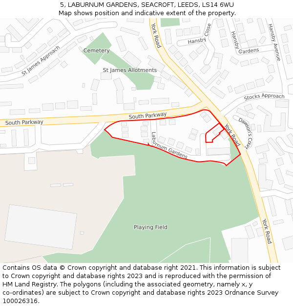 5, LABURNUM GARDENS, SEACROFT, LEEDS, LS14 6WU: Location map and indicative extent of plot