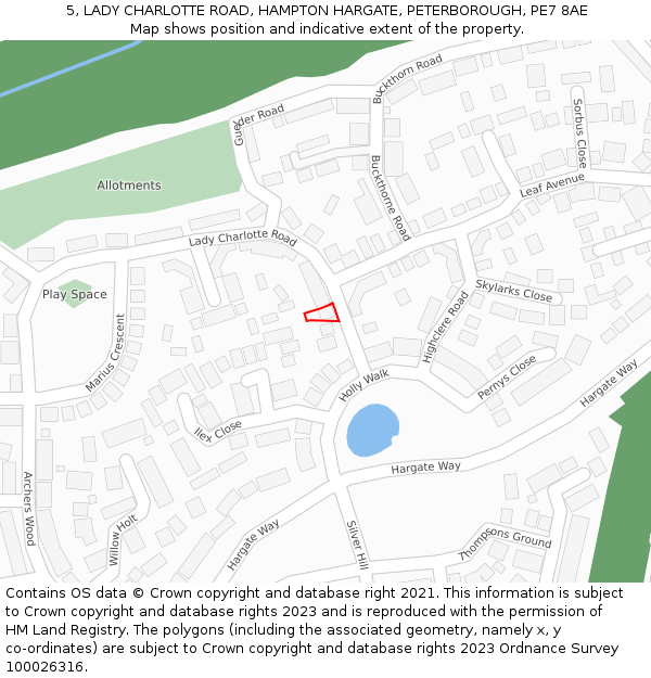 5, LADY CHARLOTTE ROAD, HAMPTON HARGATE, PETERBOROUGH, PE7 8AE: Location map and indicative extent of plot