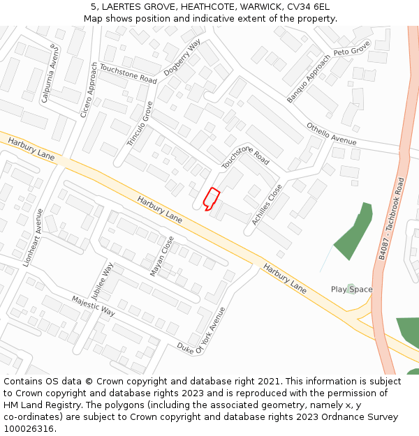 5, LAERTES GROVE, HEATHCOTE, WARWICK, CV34 6EL: Location map and indicative extent of plot