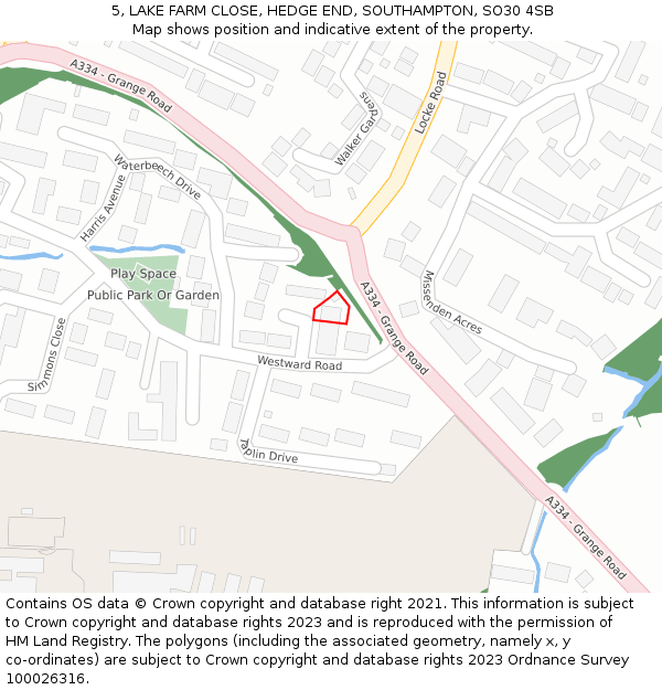 5, LAKE FARM CLOSE, HEDGE END, SOUTHAMPTON, SO30 4SB: Location map and indicative extent of plot
