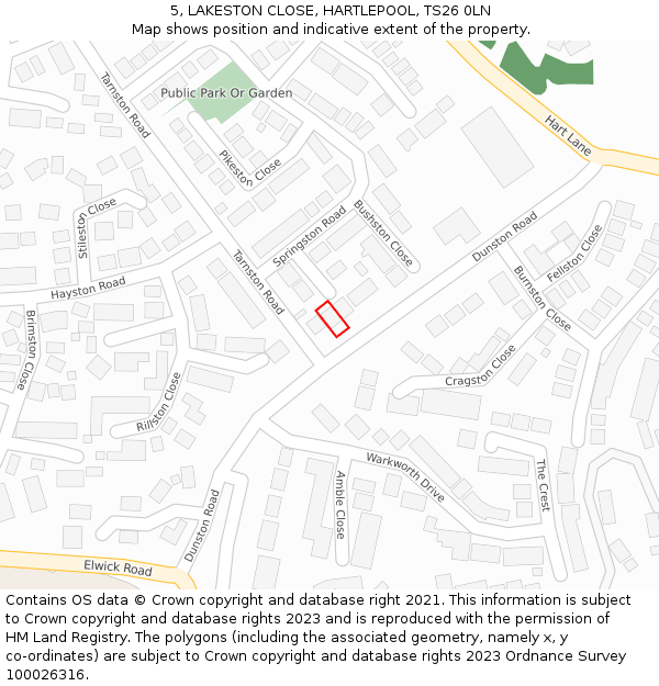 5, LAKESTON CLOSE, HARTLEPOOL, TS26 0LN: Location map and indicative extent of plot