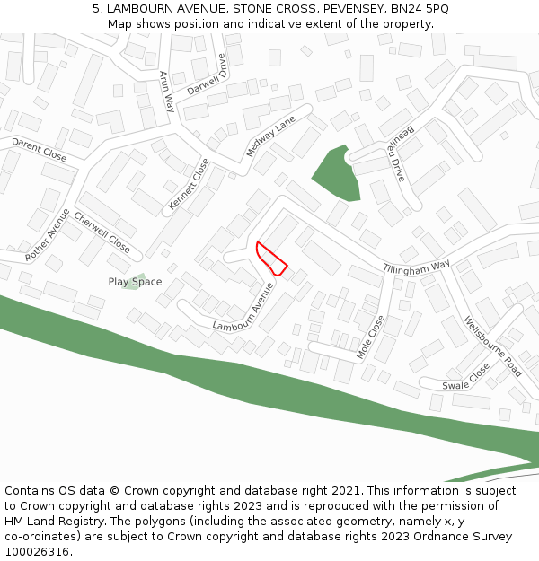 5, LAMBOURN AVENUE, STONE CROSS, PEVENSEY, BN24 5PQ: Location map and indicative extent of plot